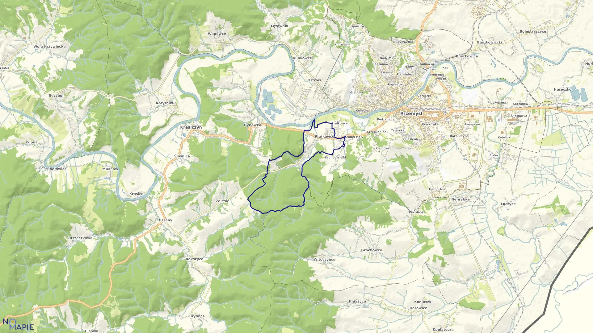 Mapa obrębu Prałkowce w gminie Krasiczyn
